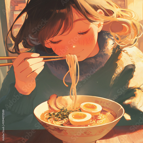 ラーメンを食べる女の子、アニメ風