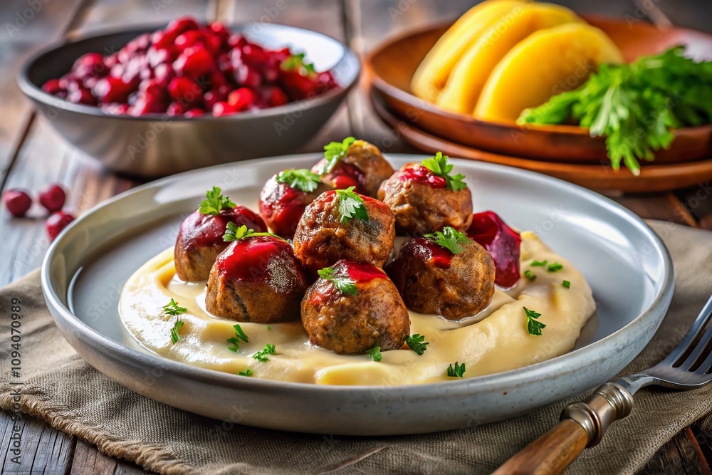 Traditional Meatballs with Creamy Sauce and Mashed Potatoes on a Plate, Garnished with Beets, Close-Up Image Ideal for Culinary and Food Blogs, Recipes, and Restaurant Menus Traditional Meatballs with Creamy Sauce and Mashed Potatoes on a Plate, Garnished with Beets, Close-Up Image Ideal for Culinary and Food Blogs, Recipes, and Restaurant Menus