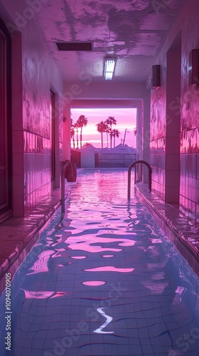 Pink Sunset Poolside: A Minimalist Architectural Design