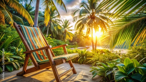 Tranquil Beach Chair in a Cozy Resort Corner Surrounded by Tropical Foliage, Perfect for Relaxation and Sunbathing Amidst the Gentle Sounds of Waves and Nature