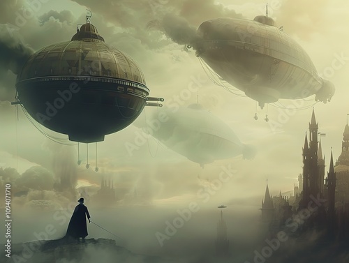 Steampunk Airships Soaring Above a Foggy Cityscape