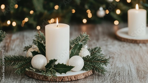 A serene holiday arrangement featuring white candles surrounded by greenery and festive ornaments, perfect for creating a warm, cozy atmosphere.