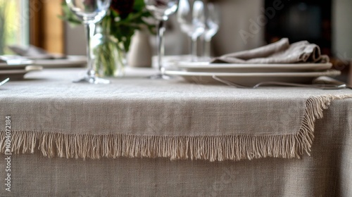 Elegant Linen Tablecloth with Fringe photo