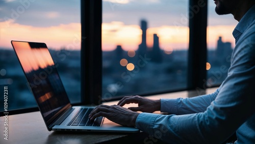 working on laptop,  A professional closing their laptop and looking out the window at sunset, with a blurred cityscape glowing