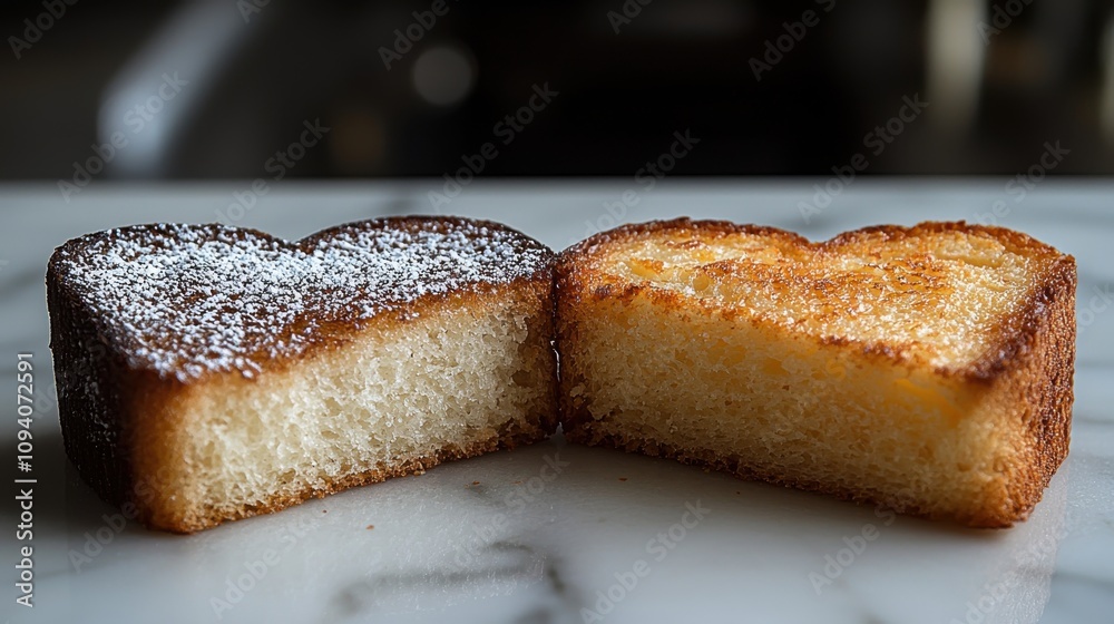 Close-up of two heart-shaped sponge cakes, one dusted with powdered sugar, placed on a marble surface, soft texture and golden crust Close-up of two heart-shaped sponge cakes, one dusted with powdered sugar, placed on a marble surface, soft texture and golden crust