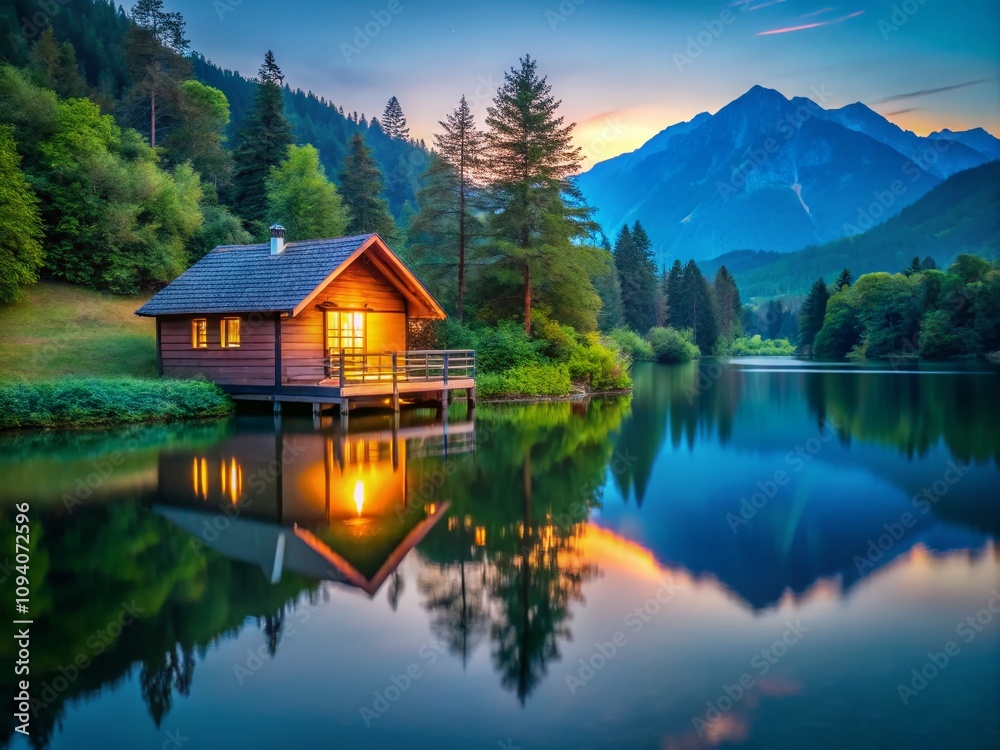 Fototapeta premium Tranquil Low Light Photography of a Cozy Small House by the Serene Lake at Dusk, Perfect for Capturing Nature’s Beauty and Peaceful Moments in the Great Outdoors