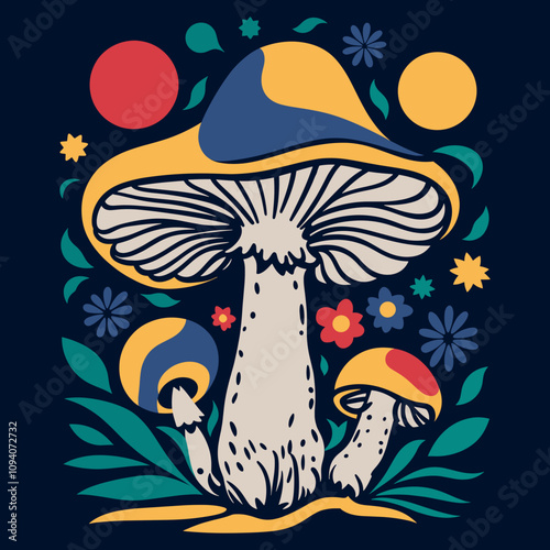 Vibrant Psychedelic Mushroom Graphic with Floral and Abstract Elements photo