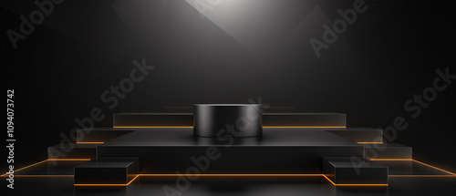 A minimalist 3D geometric black scene featuring a cube podium with a modern, sleek design, perfect for customization.