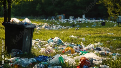 31.A close-up of numerous overflowing garbage bins and plastic waste bags scattered across a grassy field. The nature background contrasts with the unsightly litter, drawing attention to the issue of photo