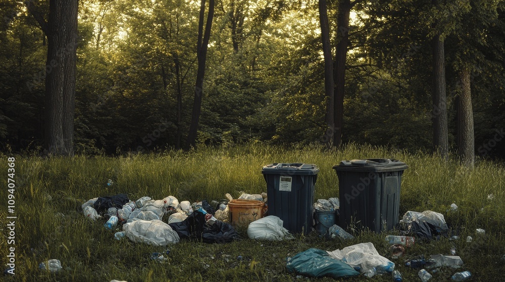 35.A collection of overflowing trash bins surrounded by plastic waste bags, set against a natural backdrop of grass and trees. The juxtaposition between nature and waste pollution highlights the 35.A collection of overflowing trash bins surrounded by plastic waste bags, set against a natural backdrop of grass and trees. The juxtaposition between nature and waste pollution highlights the