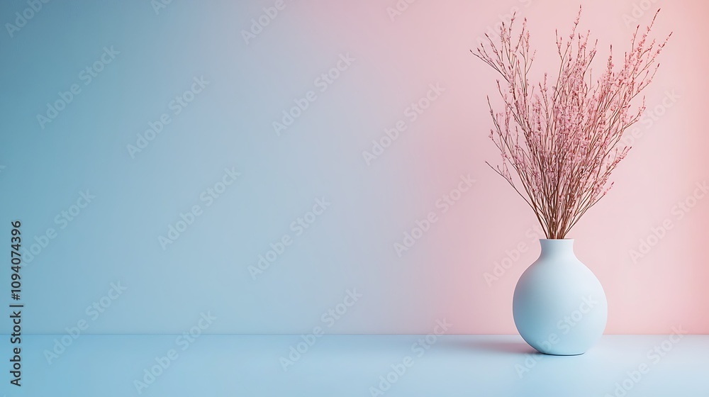 Obraz premium A minimalist vase with dried branches sits on a smooth surface, creating a serene and modern aesthetic against a soft gradient background.
