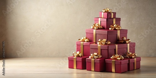 A Festive Pyramid of Burgandy Presents with Gold Ribbons on a Wooden Surface photo