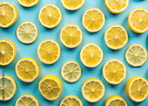 Trendy Summer Lemon Slice Pattern on Bright Light Blue Background - Minimalist Photography Concept for Seasonal Decor and Freshness
