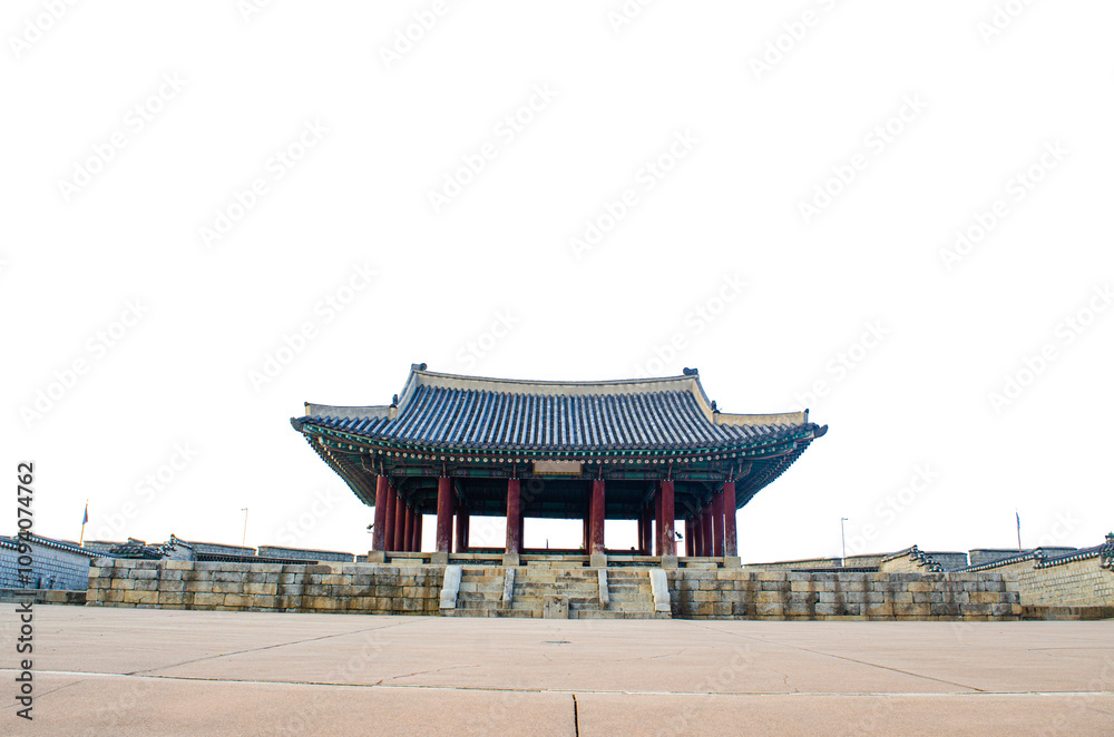 Suwon Hwaseong Fortress is a fortress wall during the Joseon Dynasty isolate on white background with clipping path. Suwon Hwaseong Fortress is a fortress wall during the Joseon Dynasty isolate on white background with clipping path.