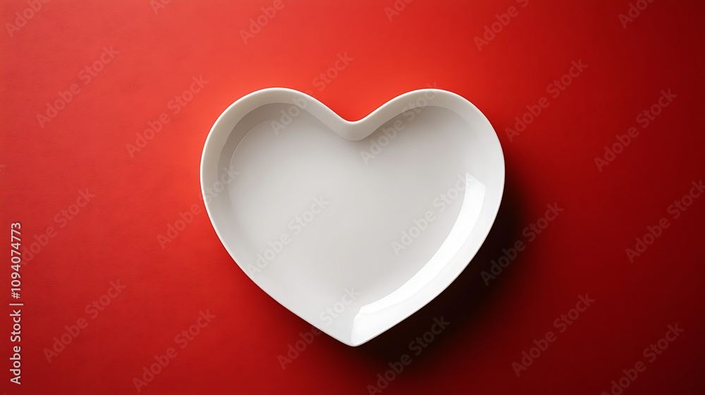 A white heart-shaped plate on a red background, flat lay. Valentine's Day concept, love and romance, minimalist style, A white heart-shaped plate on a red background, flat lay. Valentine's Day concept, love and romance, minimalist style,