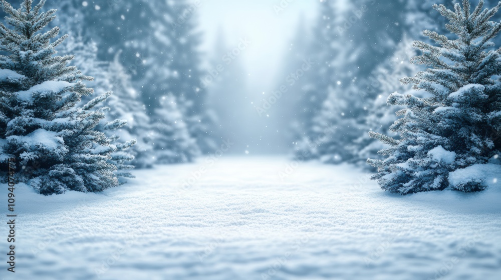 Fototapeta premium A cozy winter background with snowy fir trees, set under a crisp blue sky, with a central blank space perfect for a Merry Christmas and Happy New Year greeting card 