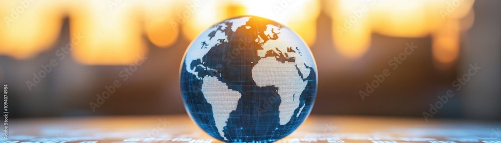 Fototapeta premium Close-Up View of a Globe Positioned on a Table with a Blurred Background of a Cityscape at Sunrise, Symbolizing Global Communication and Connectivity in Modern Life