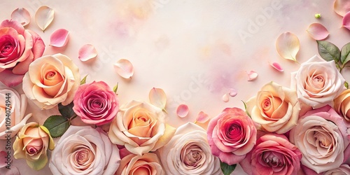 Romantic pastel rose blossom arrangement with scattered petals on a soft background