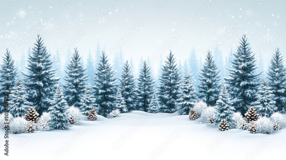 A serene Christmas landscape with a snow-covered forest of fir trees, and a large open copy-space for a Merry Christmas and Happy New Year message, conveying a peaceful holiday vibe A serene Christmas landscape with a snow-covered forest of fir trees, and a large open copy-space for a Merry Christmas and Happy New Year message, conveying a peaceful holiday vibe