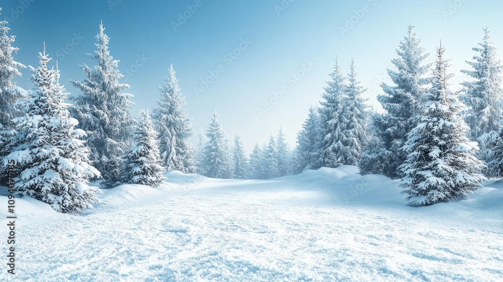 A serene Christmas landscape with a snow-covered forest of fir trees, and a large open copy-space for a Merry Christmas and Happy New Year message, conveying a peaceful holiday vibe A serene Christmas landscape with a snow-covered forest of fir trees, and a large open copy-space for a Merry Christmas and Happy New Year message, conveying a peaceful holiday vibe