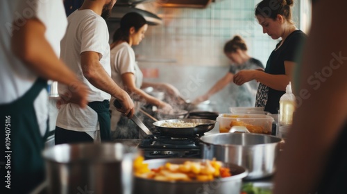 A community kitchen bustling with volunteers preparing meals, Symbolizing solidarity in addressing food insecurity, photography style