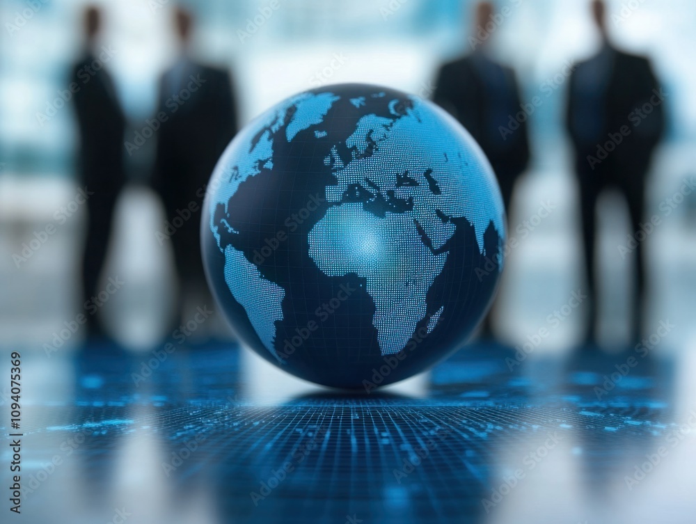 Global Business Strategy in Focus: A Blurred Background with Silhouettes of Business Professionals and a Detailed Digital Globe Representing Global Connectivity Global Business Strategy in Focus: A Blurred Background with Silhouettes of Business Professionals and a Detailed Digital Globe Representing Global Connectivity