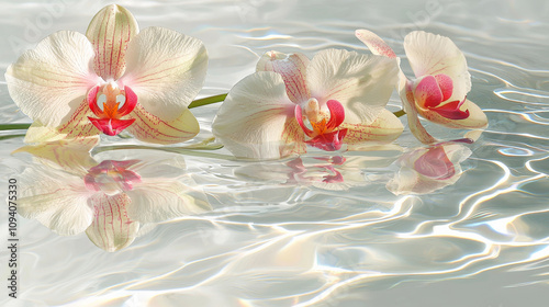 Serene white and pink orchids floating on water radiating peace and tranquility