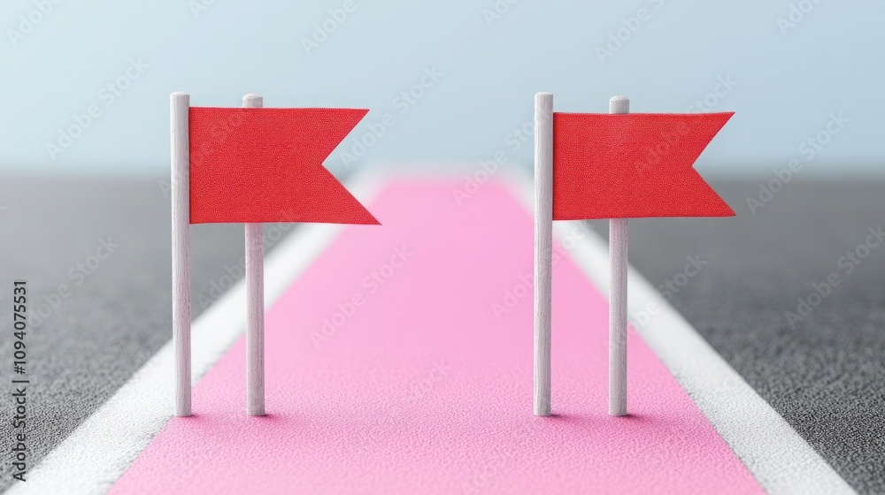 Small red flags on a pink carpet create an eye-catching illustration symbolizing competition, success, or finish lines in a creative context for business or events. Small red flags on a pink carpet create an eye-catching illustration symbolizing competition, success, or finish lines in a creative context for business or events.