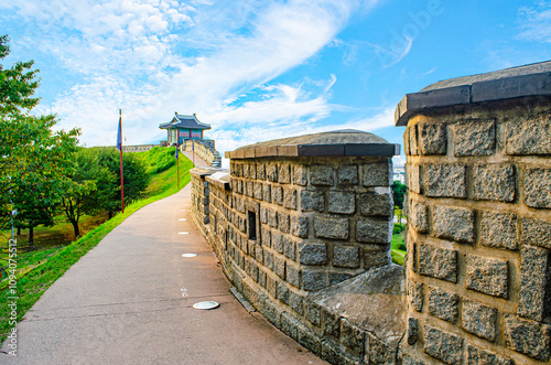 Hwaseong Fortress Dongjangdae Korean traditional architecture in Suwon, korea (Translation is Yeonmudae) photo