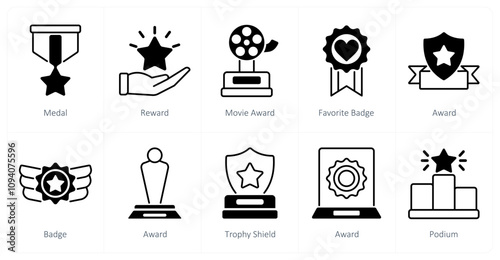 A set of 10 award icons as medal, reward, movie award, favorite badge