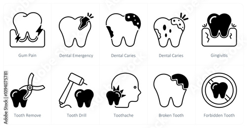 A set of 10 dental care icons as gum pain, dental emergency, dental caries