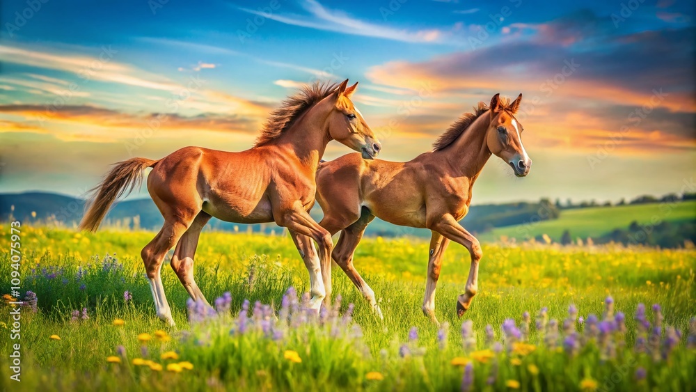 Two Playful Foals in a Sunlit Field Surrounded by Wildflowers, Capturing the Essence of Nature and Youthful Energy in Fashion Photography Style Two Playful Foals in a Sunlit Field Surrounded by Wildflowers, Capturing the Essence of Nature and Youthful Energy in Fashion Photography Style