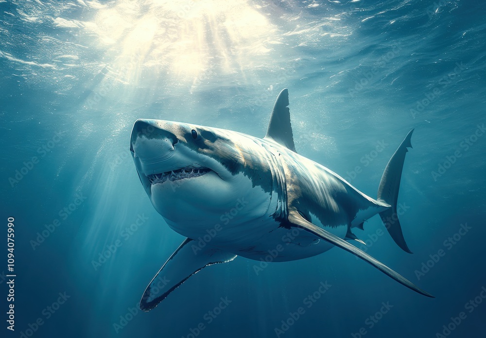 Fototapeta premium Majestic Shark Swimming Gracefully in Crystal Clear Ocean Waters with Sunlight Streaming Down, Capturing the Beauty of Marine Life and Underwater Ecosystems