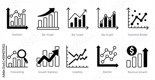 A set of 10 diagram icons as statistics, bar graph, statistical model