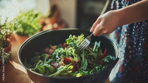 71.A close-up of a woman's hand scraping leftover salad from a bowl into a compost bin. The fork is seen pushing wilted vegetables and food scraps into the bin, reflecting an environmentally photo