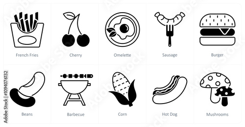 A set of 10 food and drink icons as french fries, cherry, omelette