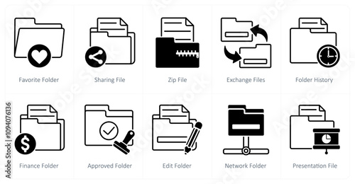 A set of 10 files icons as favorite folder, sharing file, zip file