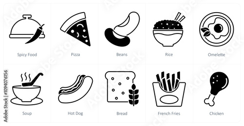 A set of 10 food and drink icons as spicy food, pizza, beans