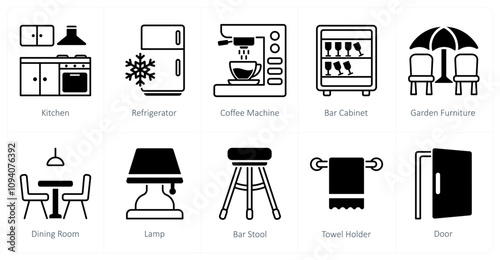 A set of 10 furniture icons as kitchen, refrigerator, coffee machine