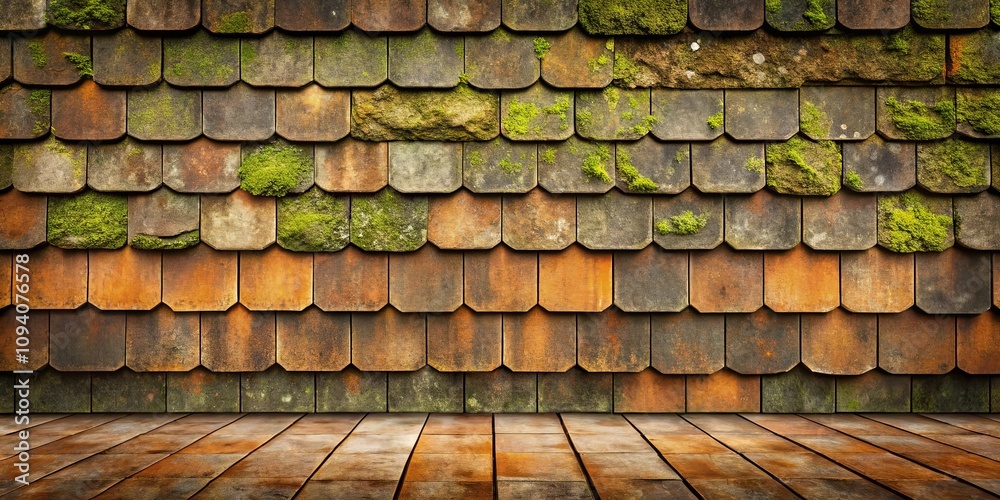 Rustic Wooden Floor with Aged Mossy Shingle Wall Background Rustic Wooden Floor with Aged Mossy Shingle Wall Background
