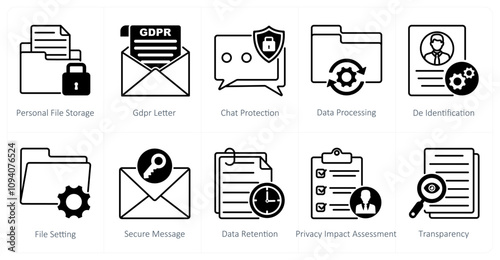 A set of 10 gdpr icons as personal file storage, gdpr letter, chat presentation