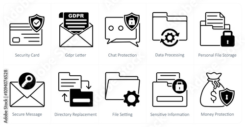 A set of 10 gdpr icons as security card, gdpr letter, chat protection