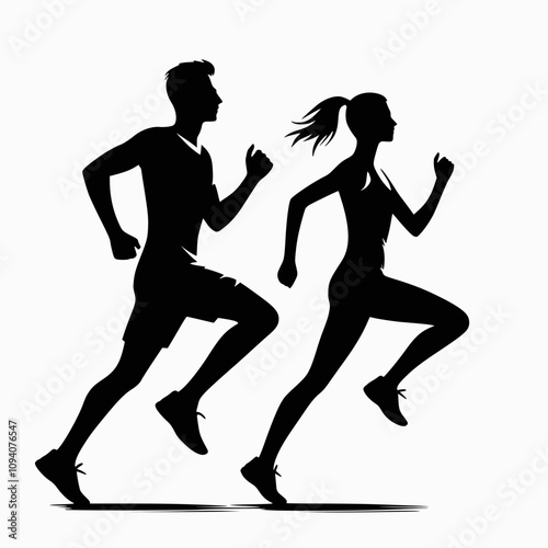 Running man and woman, isolated vector silhouettes. Run, side view. Silhouettes of athletic looking male and female runners running.
