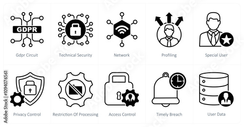 A set of 10 gdpr icons as gdpr circuit, technical security, network