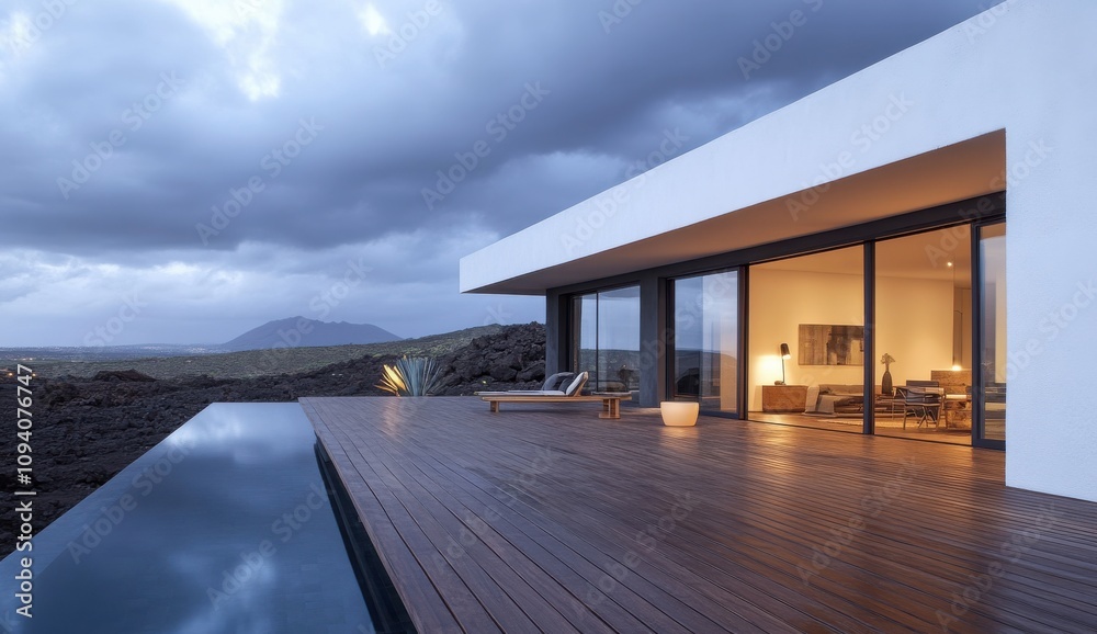 Modern minimalist house with large windows and infinity pool overlooking natural landscape at dusk under dramatic cloudy sky Modern minimalist house with large windows and infinity pool overlooking natural landscape at dusk under dramatic cloudy sky