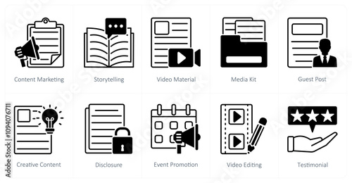 A set of 10 influencer icons as content marketing, story telling, video material