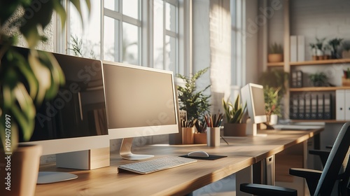 A computer workstation with two monitors, a keyboard, and a mouse