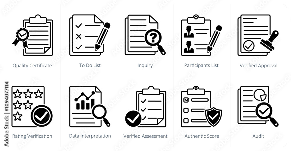 A set of 10 survey icons as quality ceritificate, to do list, inquiry A set of 10 survey icons as quality ceritificate, to do list, inquiry