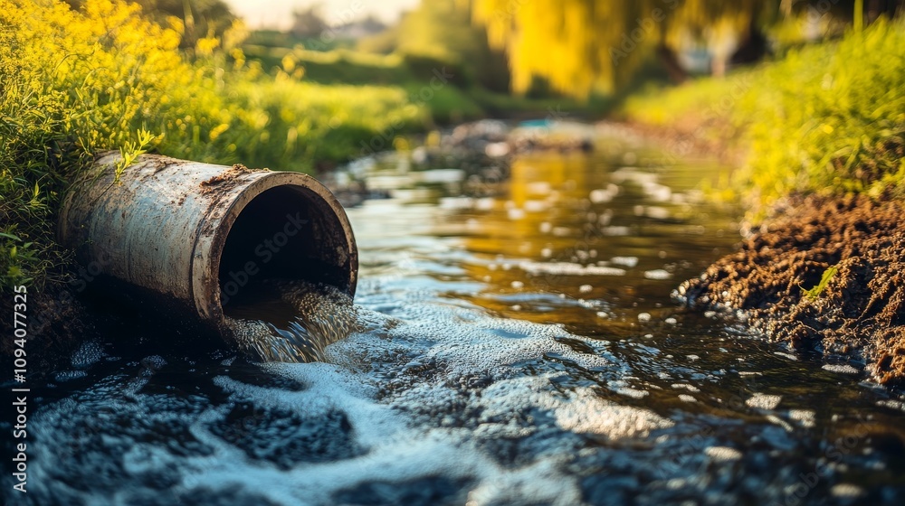93.A pipe releasing untreated sewage into a river, with visible contamination spreading in the water. The image focuses on the harmful effects of water pollution caused by industrial and residential 93.A pipe releasing untreated sewage into a river, with visible contamination spreading in the water. The image focuses on the harmful effects of water pollution caused by industrial and residential