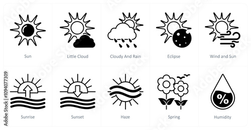 A set of 10 weather icons as sun, little cloud, cloudy and rain